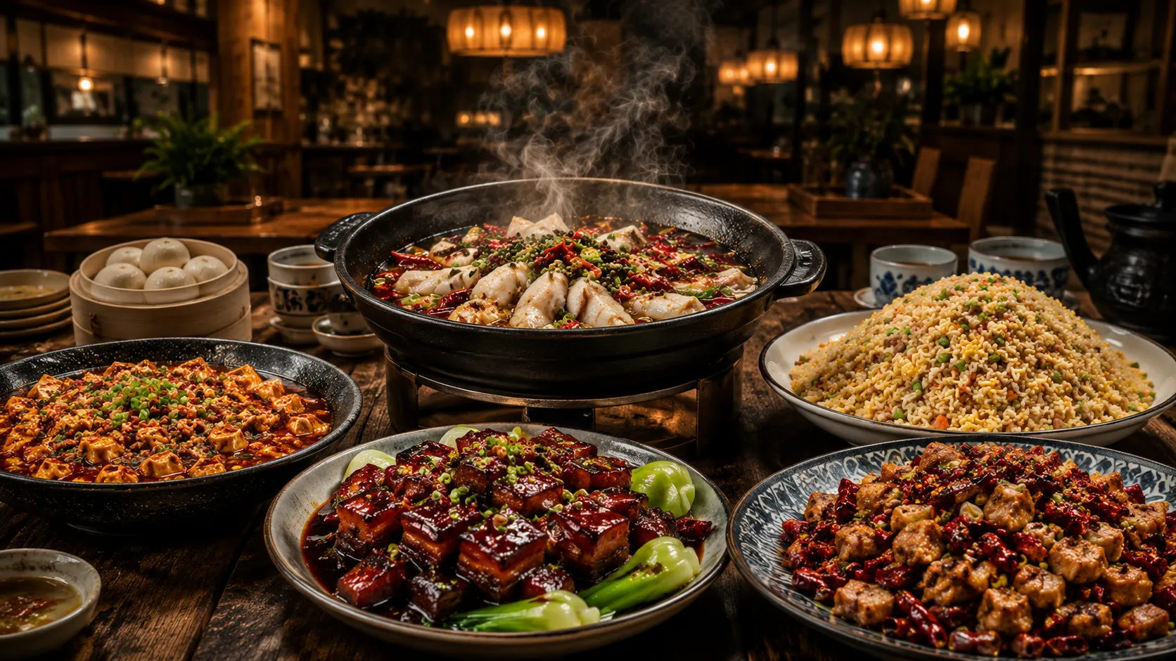 Family dinner spread at Lucky Cat, authentic Chinese restaurant in downtown London, Ontario