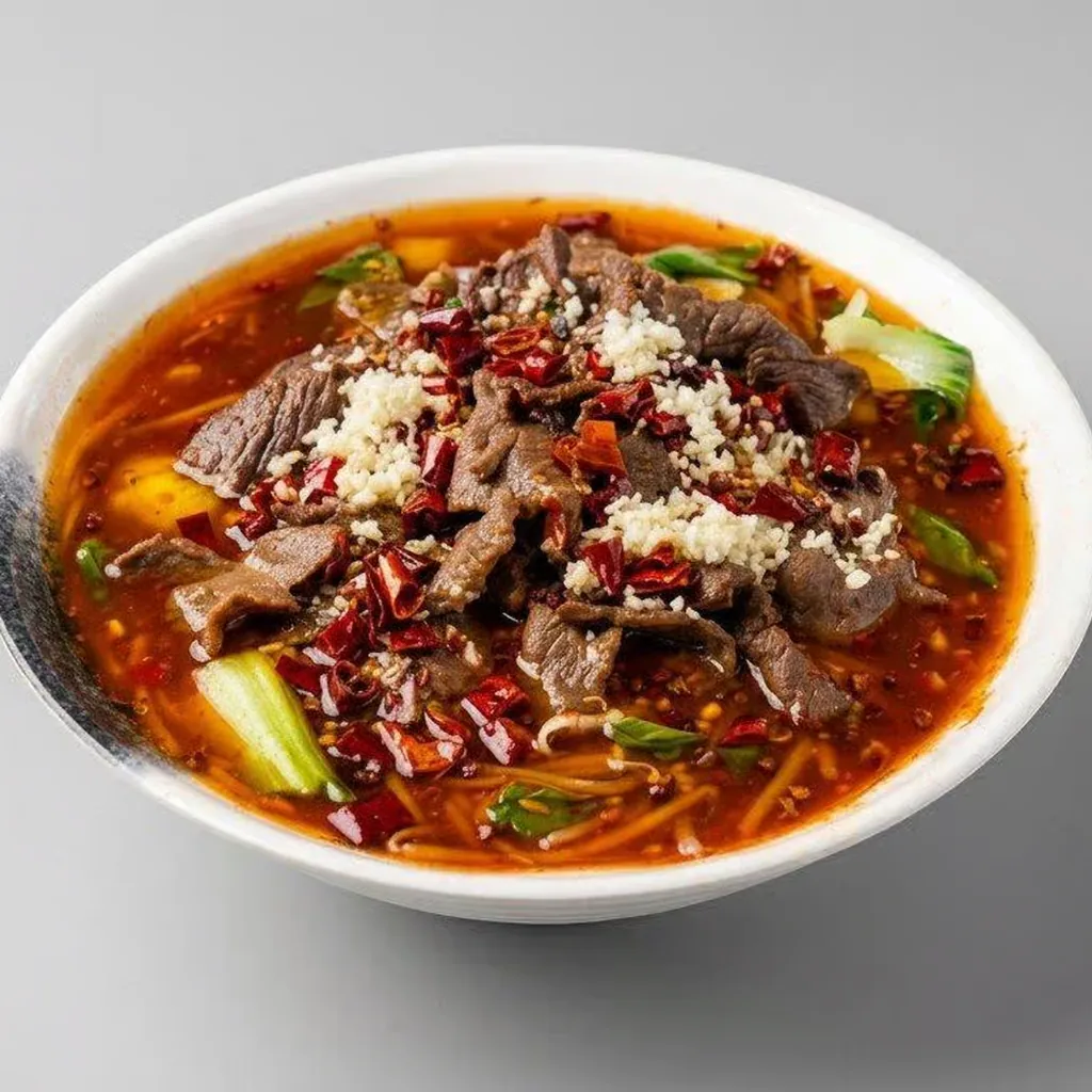 Sichuan boiled beef in chili oil with peppercorns and bok choy at Lucky Cat in London, Ontario
